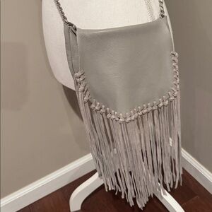 Zara🎉HP🎉 gray leather cross body mini flap bag with fringe and silver link chain